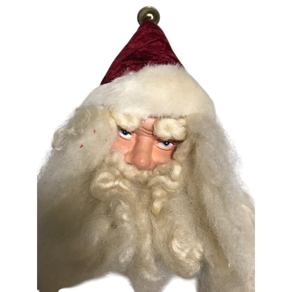 Vintage Santa Claus Head Ornament With Red Velvet Hat & Bells